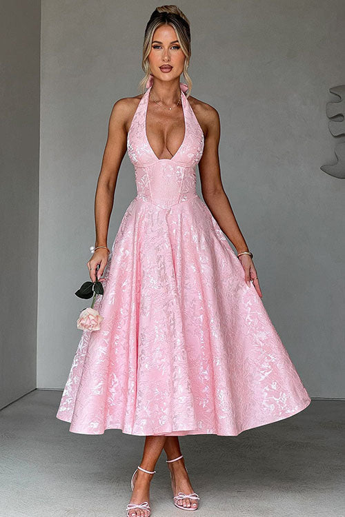 Women's Halterneck Maxi Dress in Pink, an elegant choice for homecoming & formal parties.