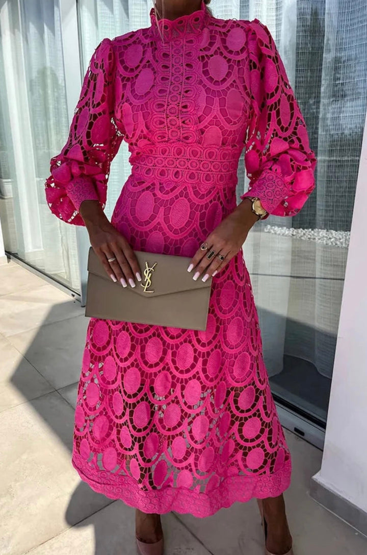 Elegant women's high neck A-line midi dress with long sleeves, perfect for formal events & cocktail parties.