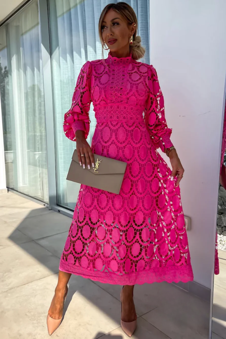 Women's high neck A-line long sleeve midi dress, a stunning piece of elegant apparel for formal & party wear.