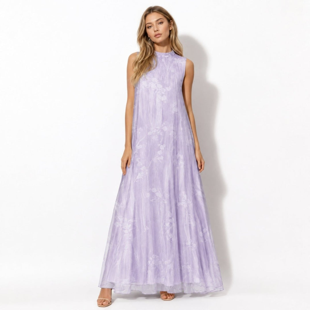 Elegant women's high-neck floral maxi dress, perfect for wedding guests or formal evening events.