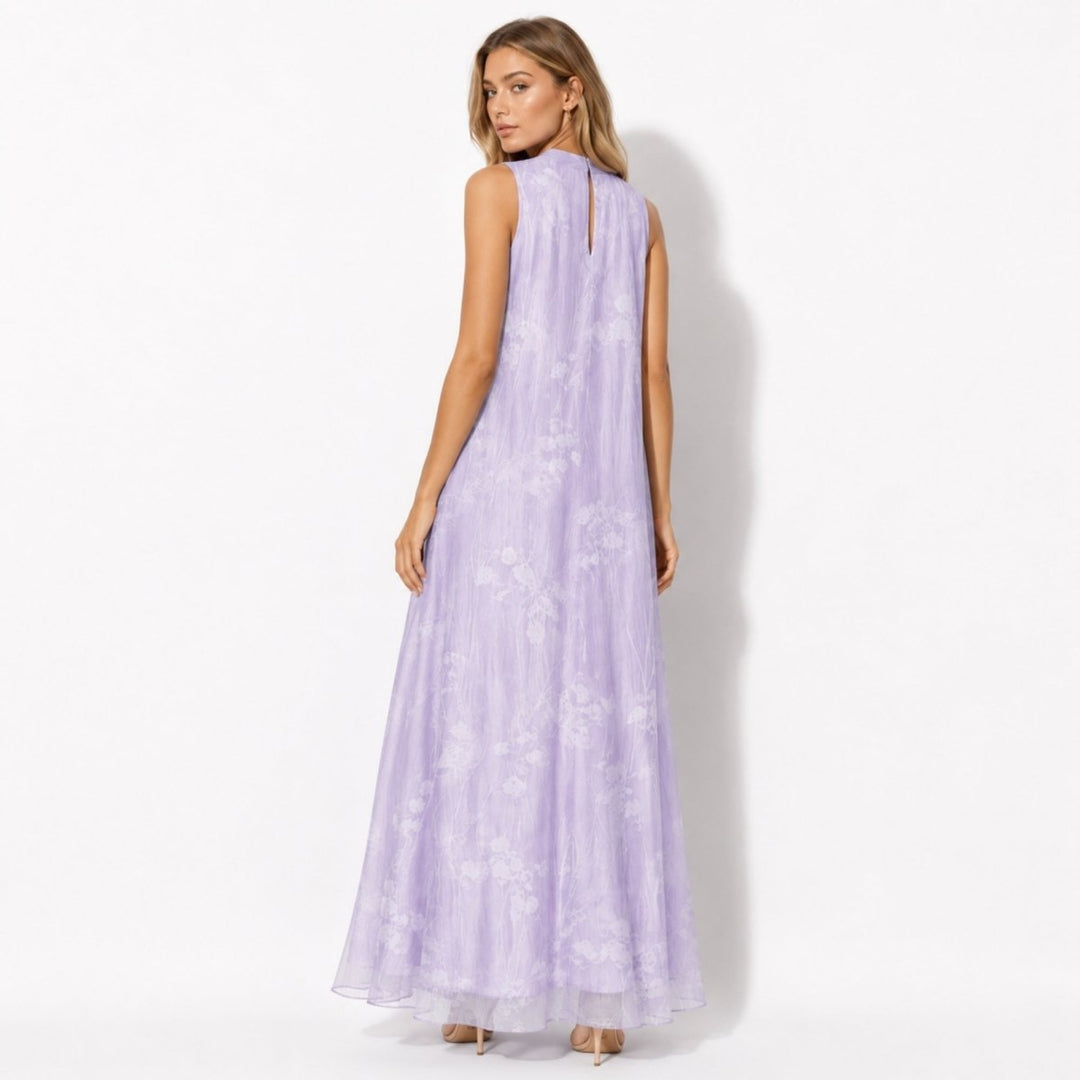 Beautiful women's floral maxi evening gown with high neck, ideal as a wedding guest or party dress.