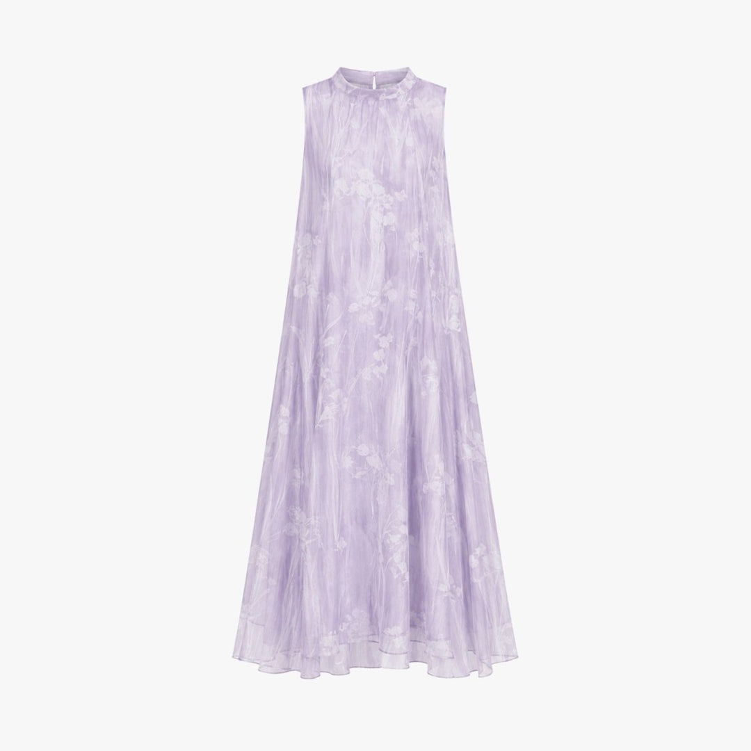 Chic women's high-neck floral print maxi dress, a flowing and elegant choice for formal events.