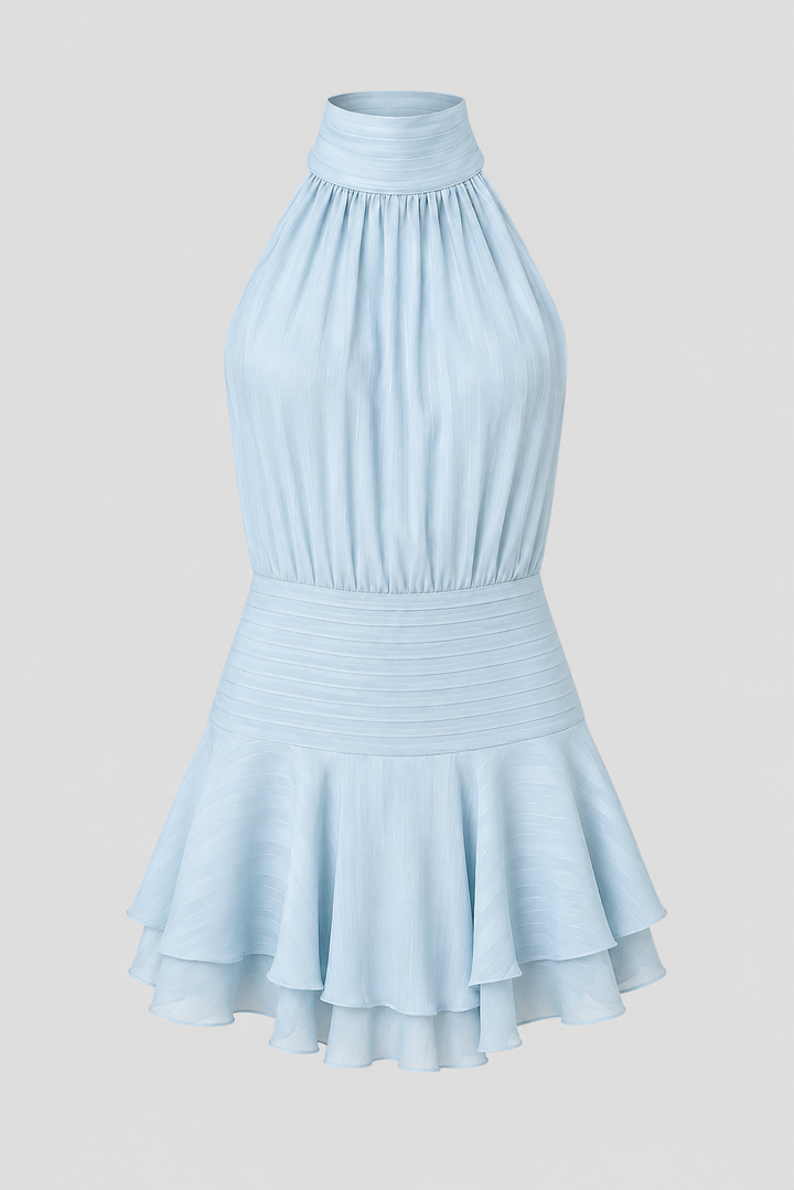 Elegant women's high-neck halter mini dress with a flattering fit, perfect for parties & special occasions.