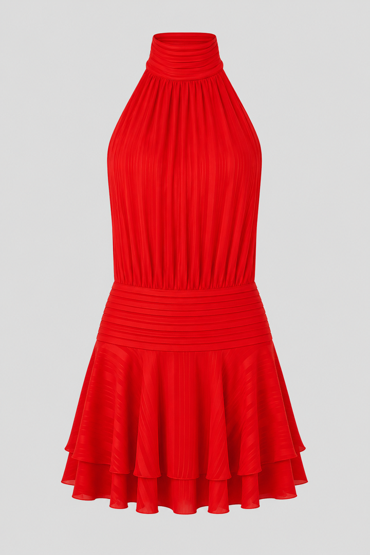 Women's high-neck halter mini dress with elegant design, suitable for special occasions & evening wear.