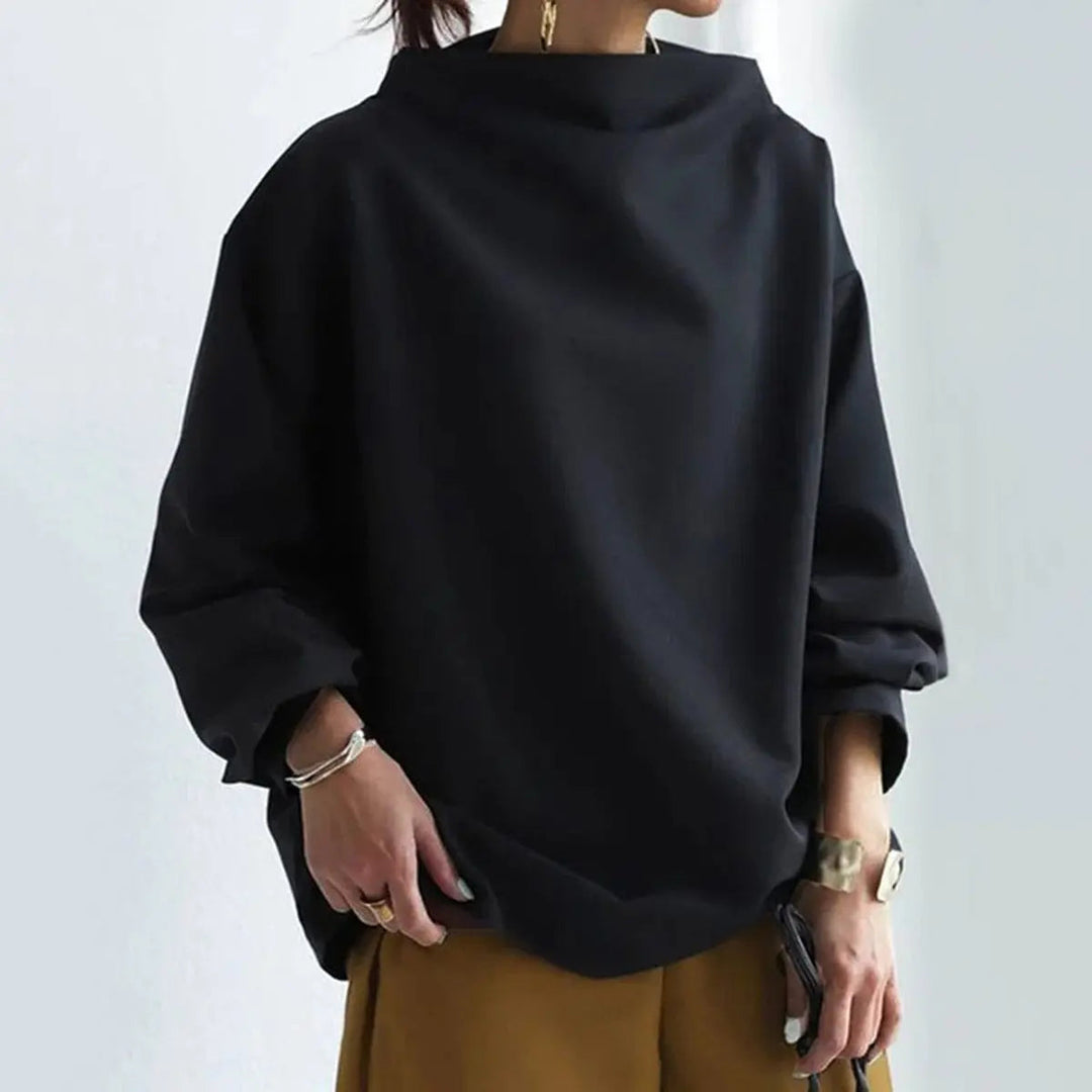 White elegant high-neck top for women. Versatile long-sleeve classic style, perfect for layering.