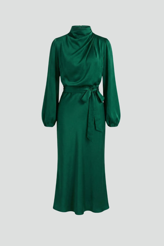 Elegant women's high-neck midi dress with long sleeves. Perfect for versatile fall & winter fashion.