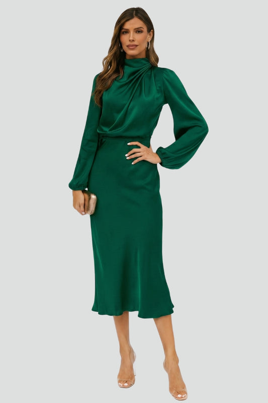 Chic long sleeve midi dress for women featuring a stylish high neck, ideal for modest everyday wear.