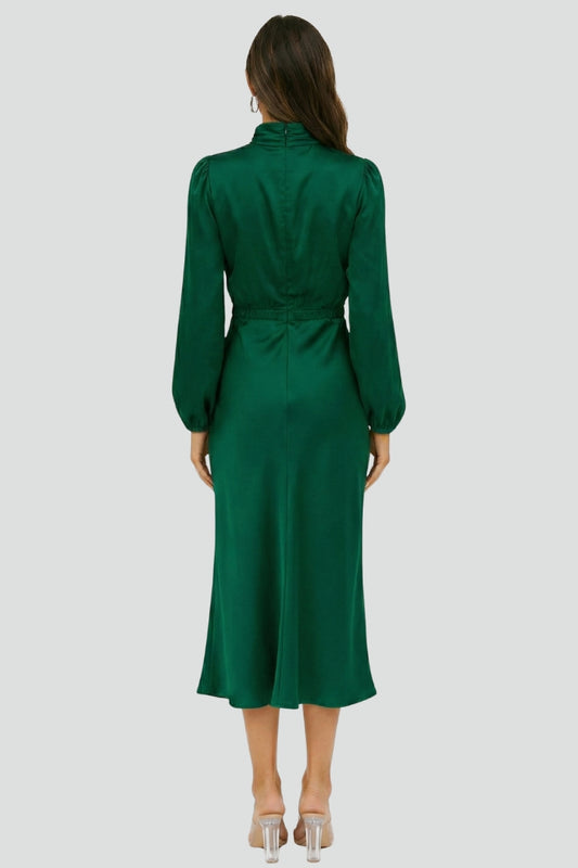 Women's high neck elegant midi dress with long sleeves, a solid color design, great for occasion wear.
