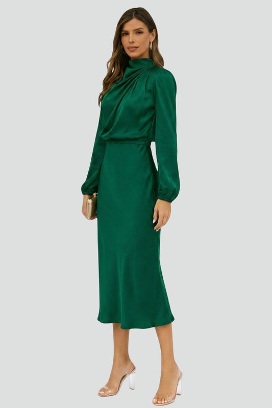 Versatile women's fall midi dress with a high neck and long sleeves, offering an elegant, draped look.
