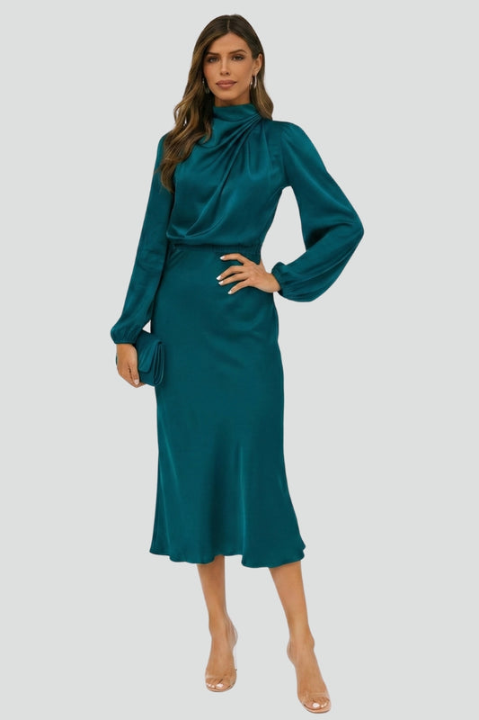 Modest women's long sleeve midi dress, high neck design, perfect for elegant winter and fall fashion.