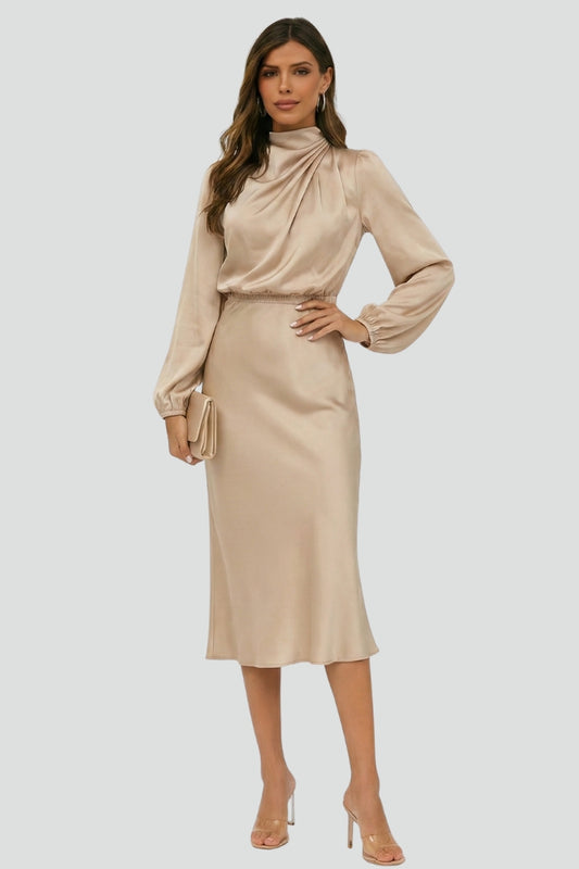 Sophisticated women's high-neck midi dress with long sleeves, a chic choice for any elegant occasion.