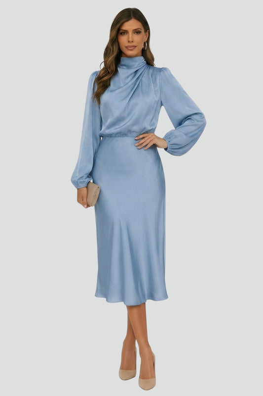 Solid color women's high neck dress, midi length, long sleeves, embodying elegant and versatile style.