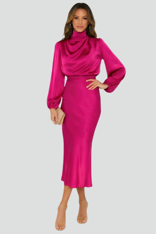 Draped neck women's midi dress with long sleeves & high neck, perfect for elegant, chic fall outfits.