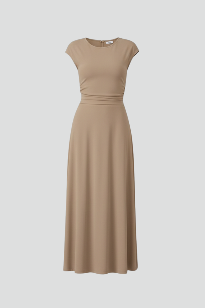 Elegant women's high-waist midi dress with cap sleeves and a flared skirt, perfect for versatile everyday wear.