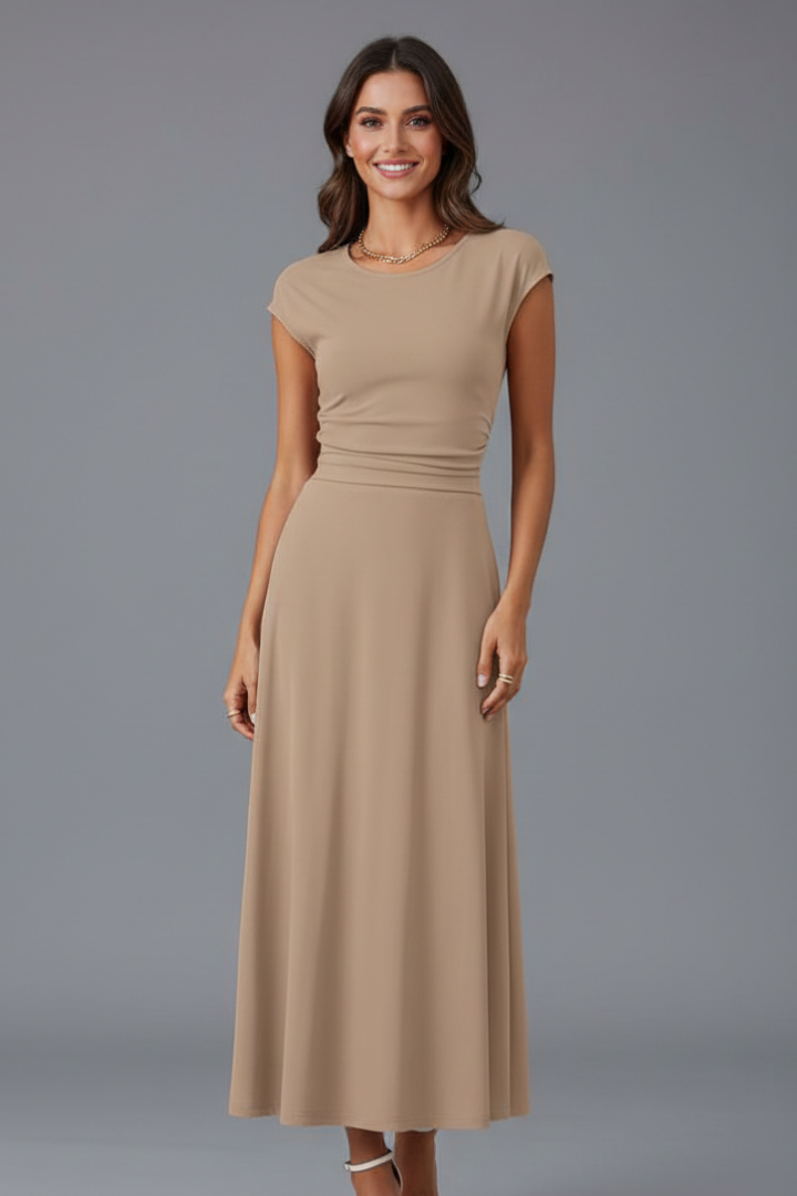 Khaki high-waist midi dress for women, featuring elegant cap sleeves & a flattering flared skirt. Versatile fashion.