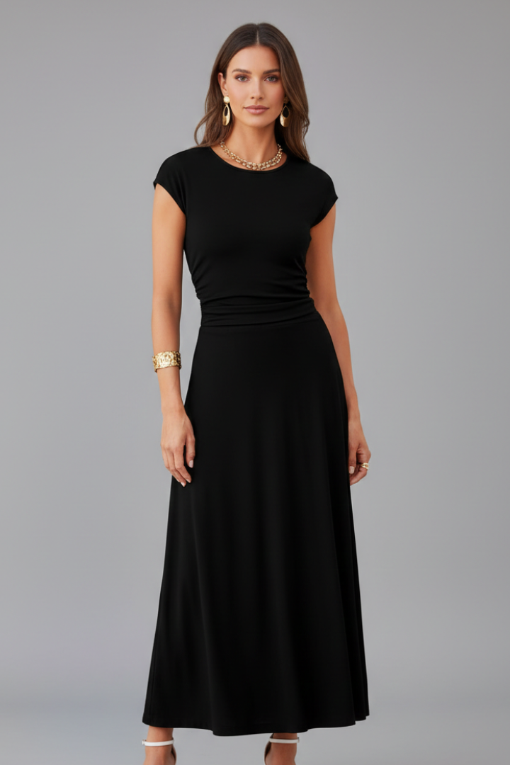 Black elegant high-waist midi dress with stylish cap sleeves, a flared skirt. Perfect women's fashion.
