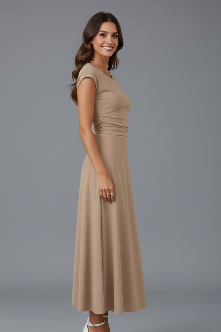 Women's versatile midi dress with high-waist design, elegant cap sleeves & a flared skirt for everyday fashion.