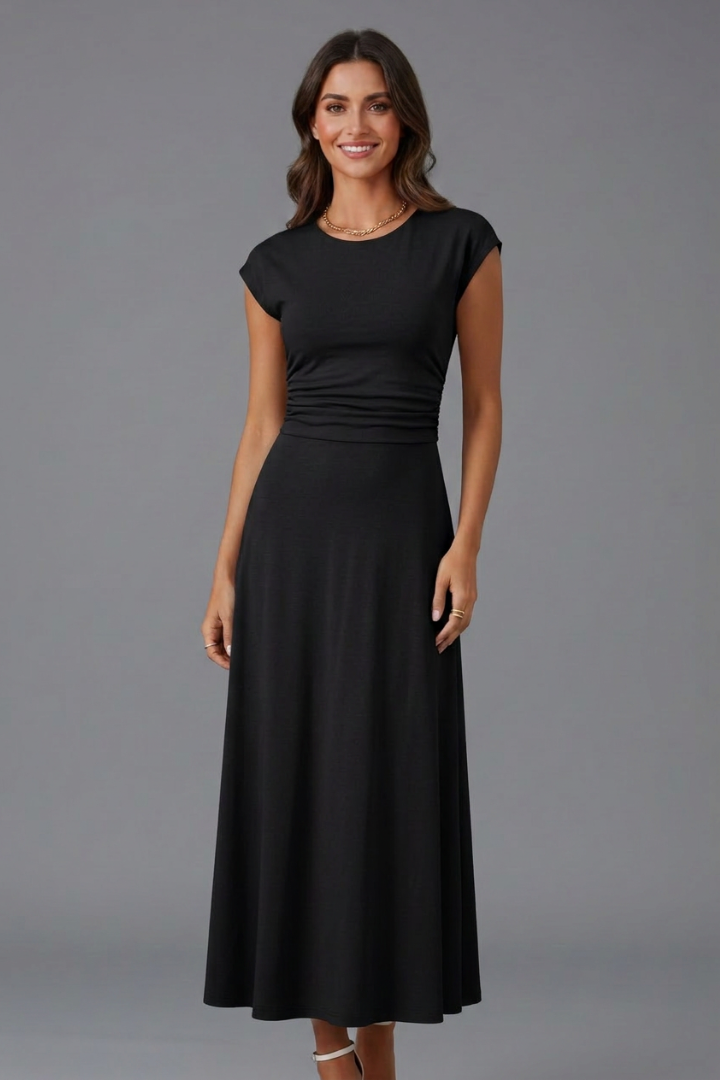 Stylish women's midi dress with cap sleeves, high-waist, and an elegant flared skirt. Versatile fashion.