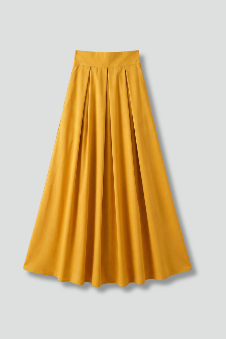 Elegant women's high waist pleated maxi skirt, flowing fabric for summer chic.