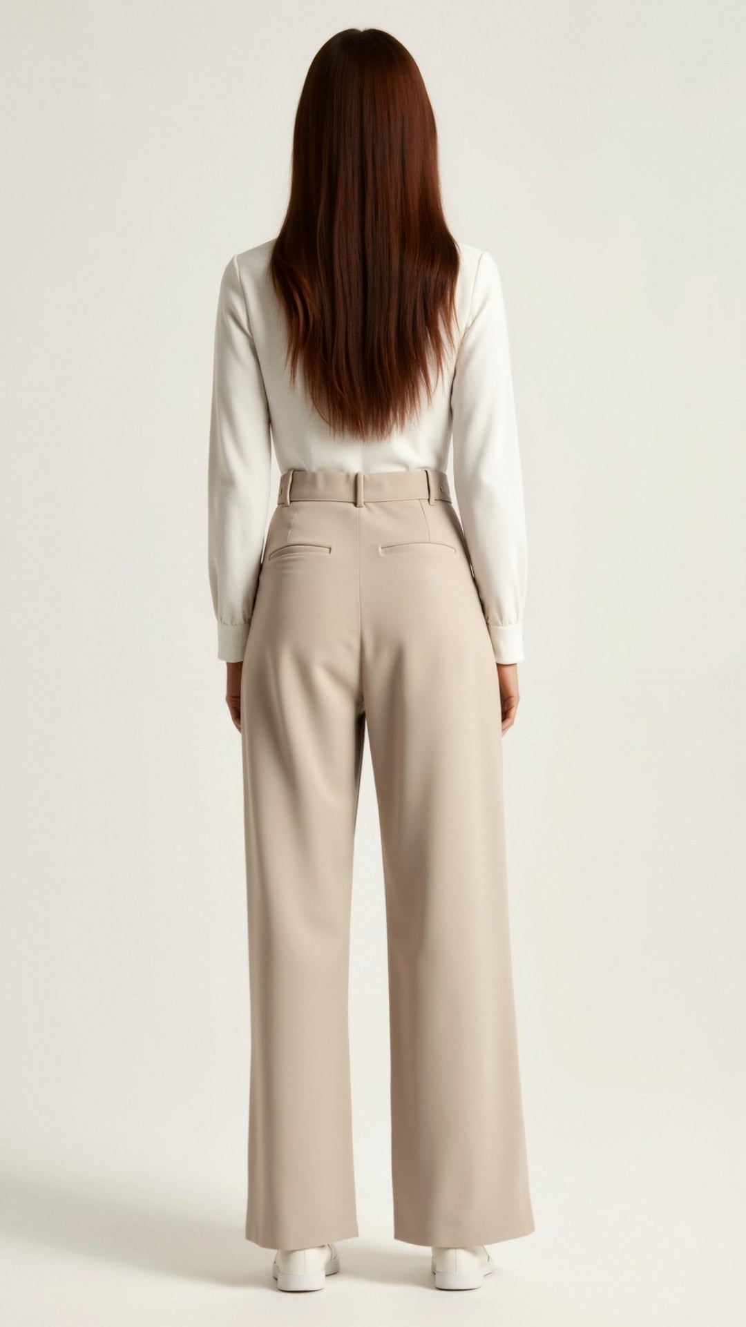Full-body shot of a woman wearing stylish high-waist wide-leg spring pants, ideal for office or casual.