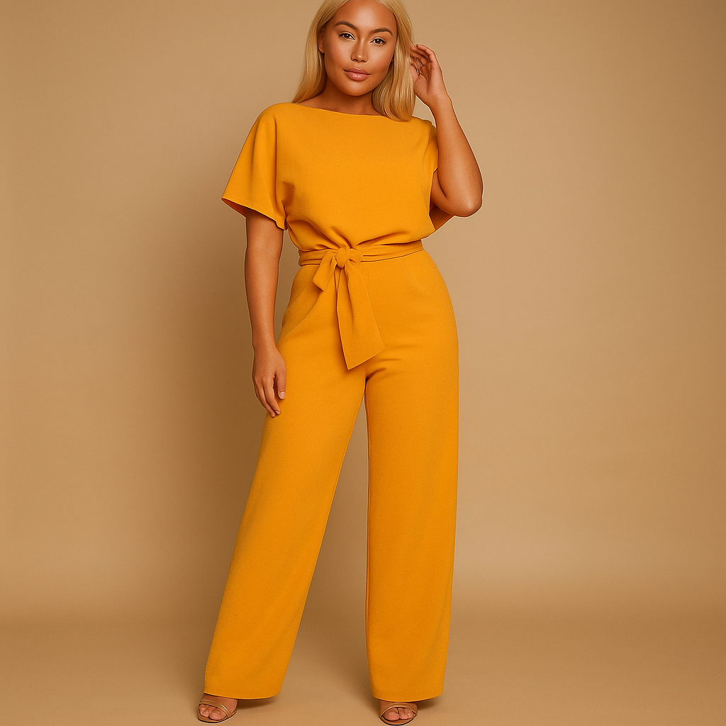 Fashionable navy high-waisted jumpsuit for women with delicate lace-up back, offering a sophisticated silhouette.
