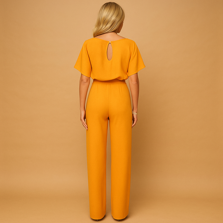 Chic yellow women's high-waisted jumpsuit with unique front lace-up design, ideal for versatile elegant styling.