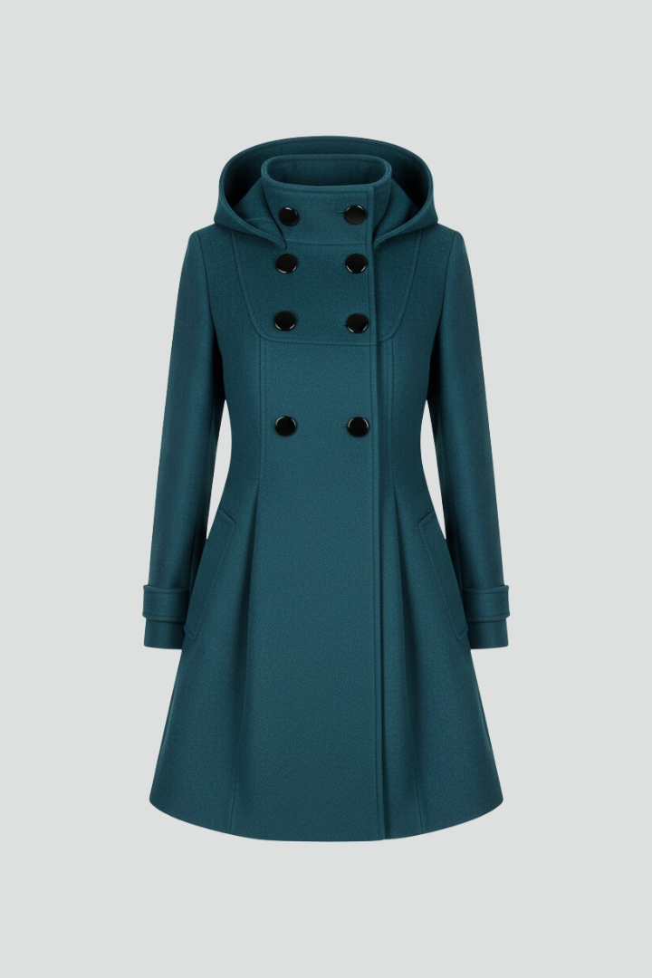 Elegant women's hooded A-line coat with double button front, perfect knee-length winter outerwear for fall fashion.
