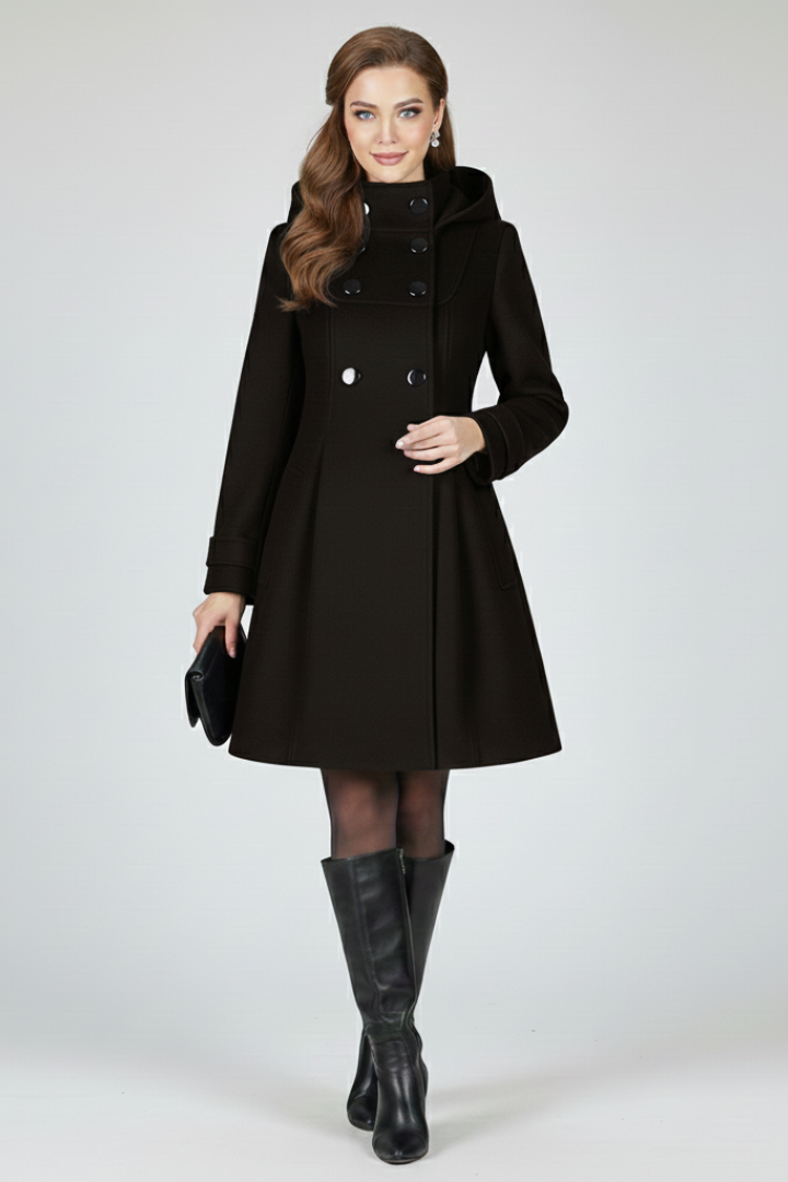 Classic women's knee-length A-line hooded coat. Features a sophisticated double button front, essential winter outerwear.