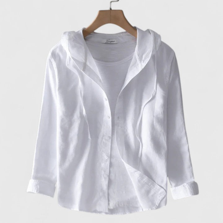 Versatile women's long sleeve hooded blouse. Relaxed fit, comfortable for everyday wear. Stylish layering piece.