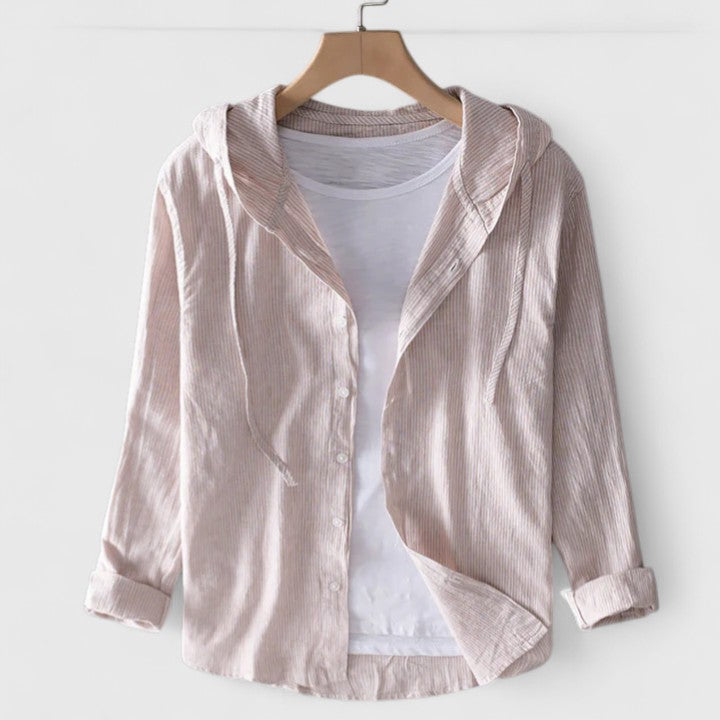 Relaxed fit women's hooded blouse, ideal for spring & fall fashion. Comfortable and elegant long sleeve everyday top.