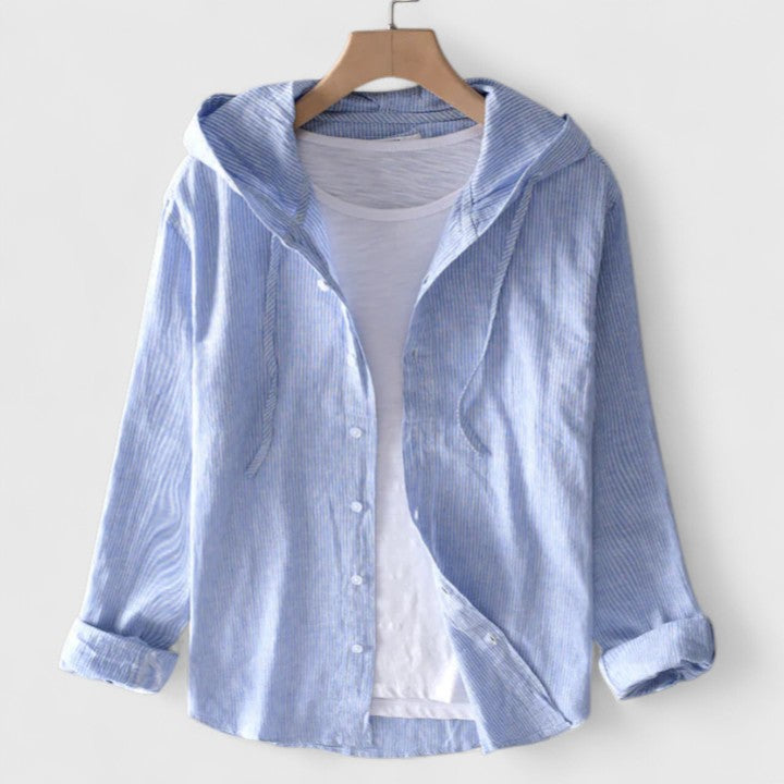 Effortless women's hooded blouse for sophisticated everyday style. A modern, comfortable long sleeve fashion top.