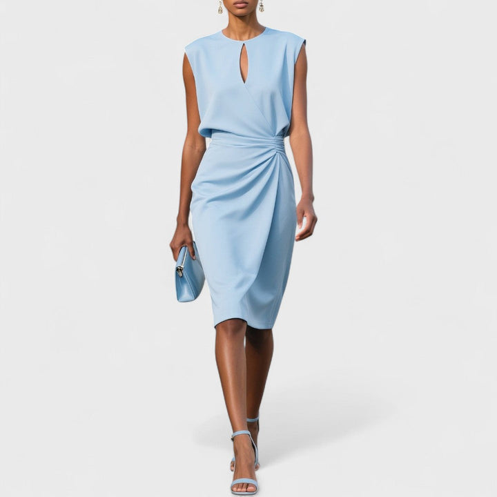 Elegant women's keyhole midi dress with ruched waist, perfect for wedding guests & cocktail parties.