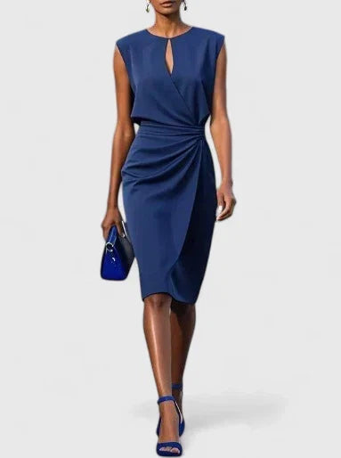 Elegant women's keyhole midi dress with ruched waist. Perfect cocktail party, evening, or special occasion attire.