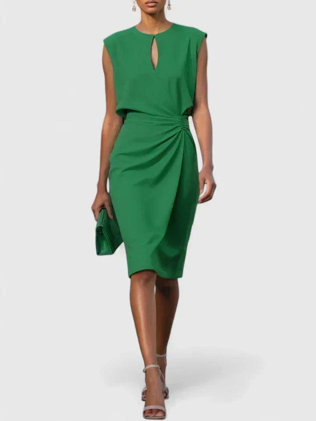Chic women's cocktail midi dress featuring a keyhole neckline & ruched waist. Ideal for weddings, parties, & dinner events.