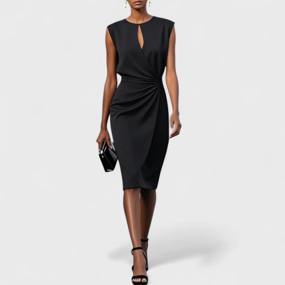 Fitted women's keyhole midi dress, elegant & formal, perfect for weddings, parties & special events.