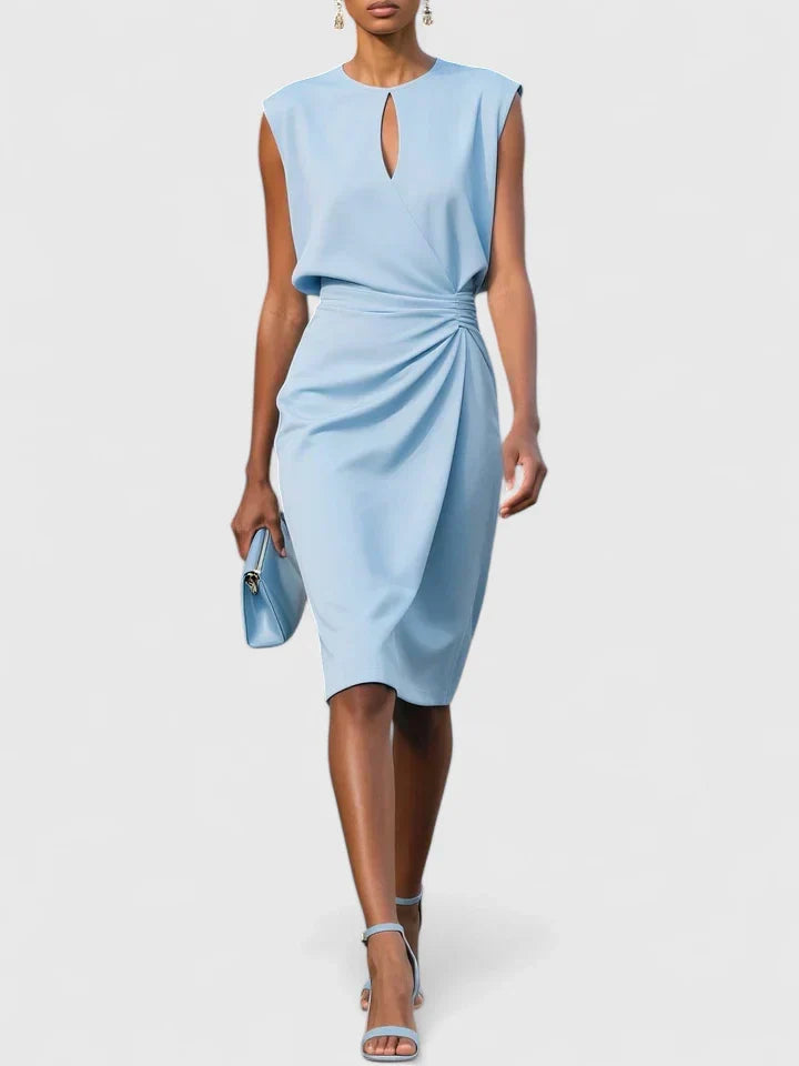 Sleeveless elegant keyhole midi dress for women with a flattering ruched waist. Perfect formal dinner or evening wear.