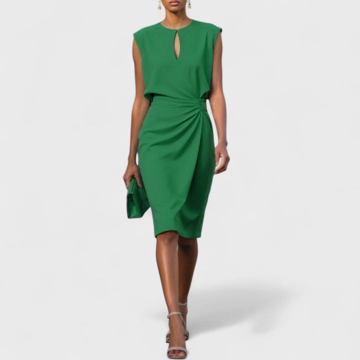Chic women's keyhole midi dress with ruched waist, versatile for wedding guests, cocktail parties & formal events.
