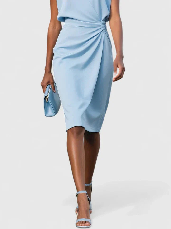 Sophisticated women's keyhole midi dress, ruched waist for comfort & style. Great evening, party, or special occasion wear.