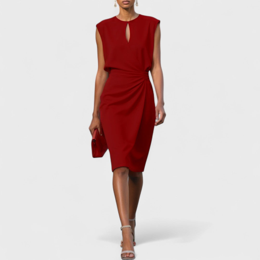Chic women's keyhole midi dress, versatile for wedding guest, cocktail, or special occasion. Elegant party wear.