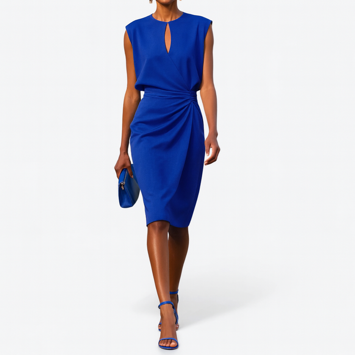 Women's elegant midi dress featuring a stylish keyhole neckline & flattering ruched waist, ideal for parties.