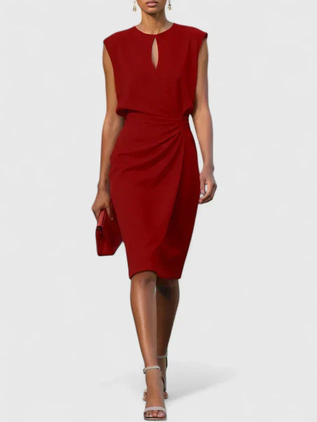 Versatile elegant women's midi dress: keyhole neckline, ruched waist. Perfect for cocktail, evening, or wedding guest attire.