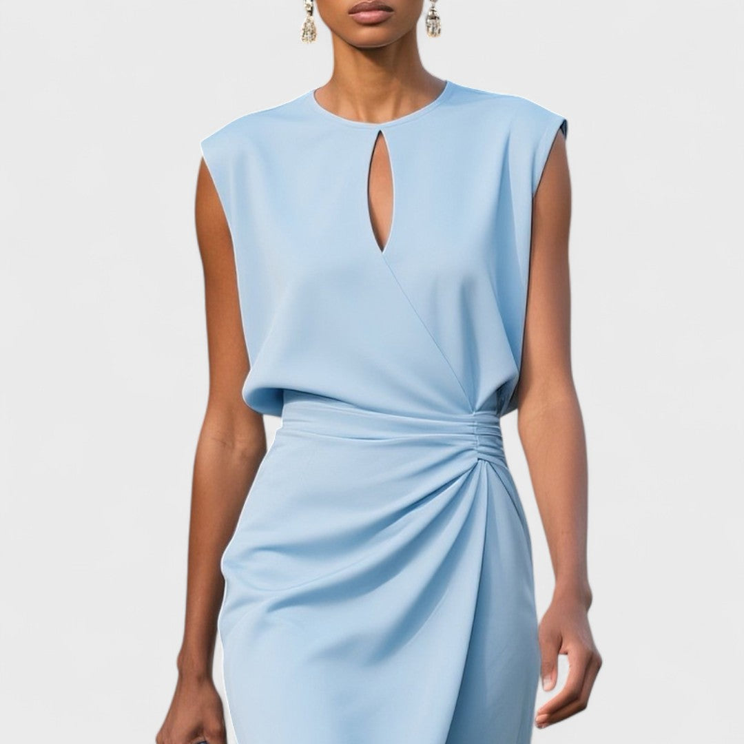 Women's fashion midi dress with a keyhole neckline, elegant for weddings, cocktails, and special occasions.