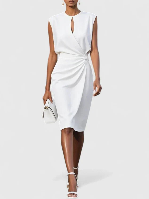 Women's elegant keyhole midi dress, ruched waist. Ideal for cocktail parties, special events, formal dinners & evening wear.