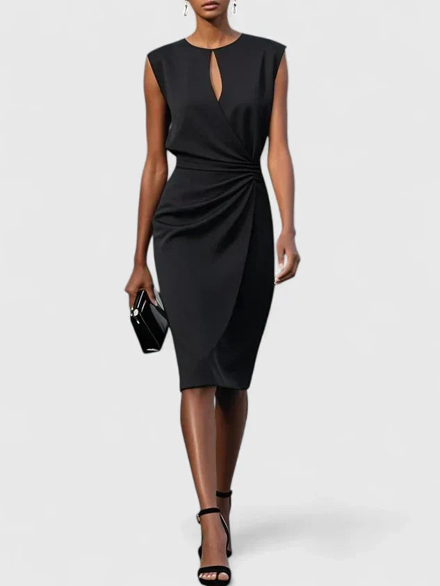 Flattering women's keyhole midi dress with ruched waist, perfect for elegant cocktail parties, evening & formal events.