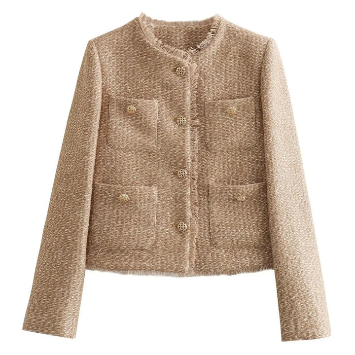 Fashionable women's outerwear: khaki tweed button-down jacket, perfect for a classic look.