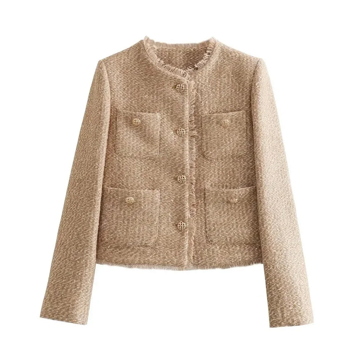 Front view of a women's khaki tweed button-down jacket, ideal for chic and classic fashion.