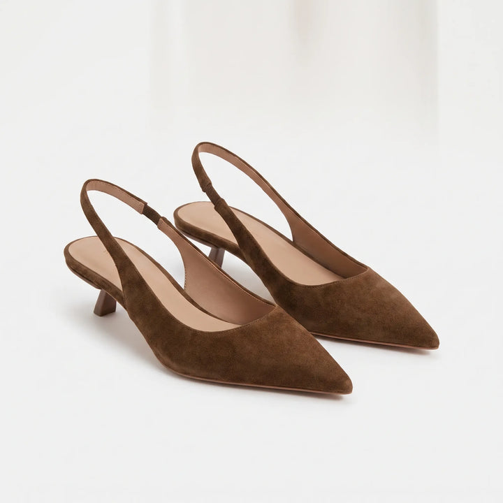 Women's formal pointed-toe kitten heel slingback shoes, sophisticated footwear for events.