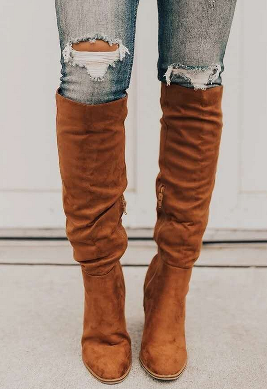 Stylish brown knee-high boots for women, featuring a comfortable block heel and practical side zipper.