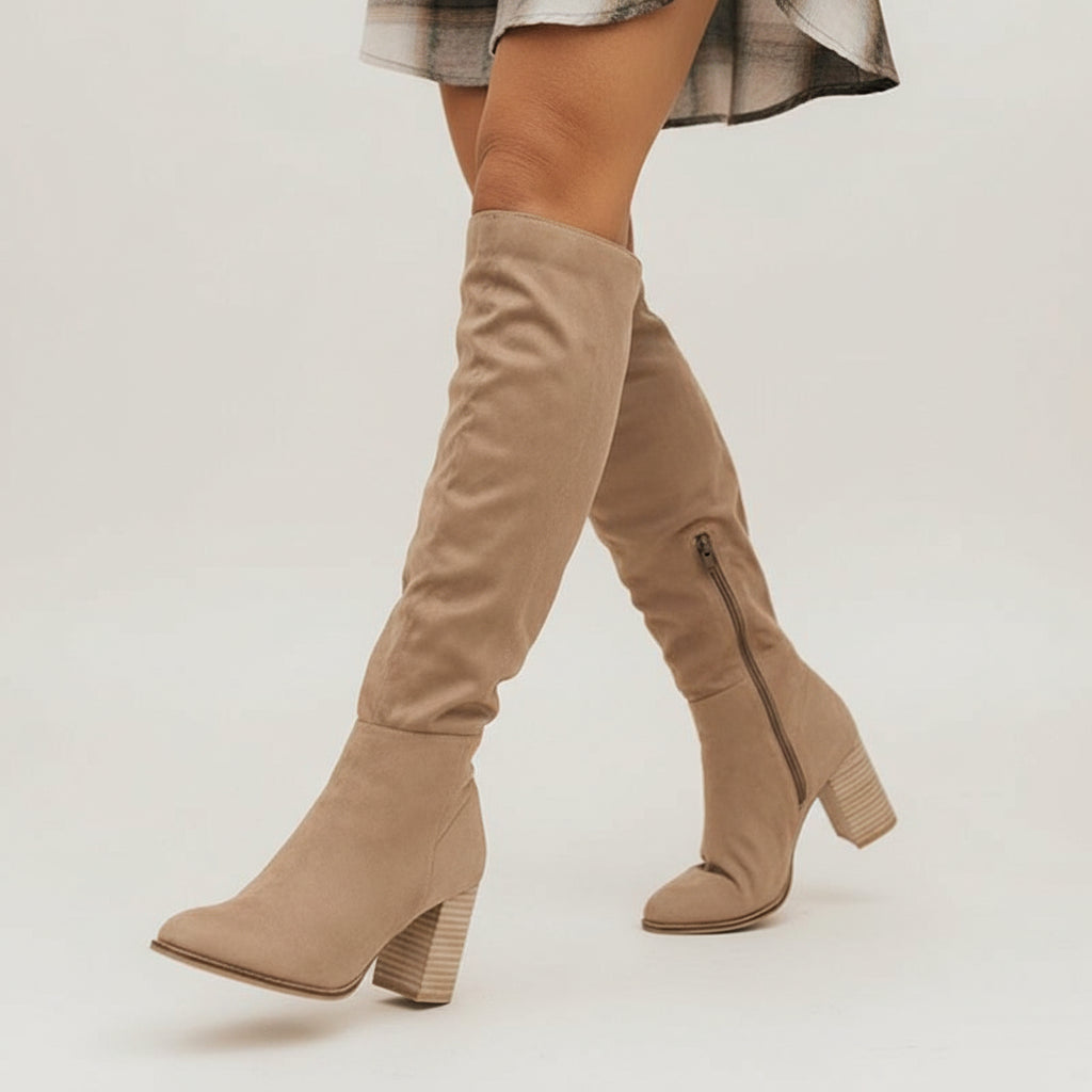 Women's stylish knee-high boots with orthopedic comfort block heel, elegant pointed toe, perfect for fall fashion.