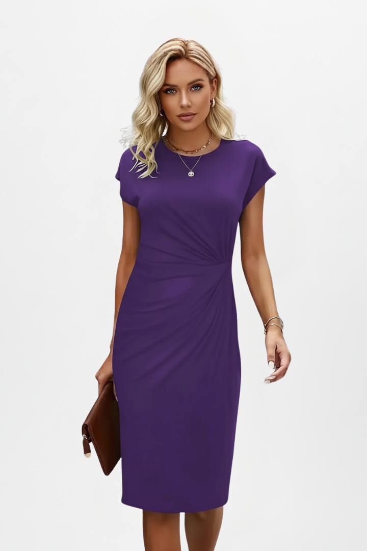Ruched waist knee-length women's dress. Elegant, versatile, and perfect for a sophisticated casual or party look.